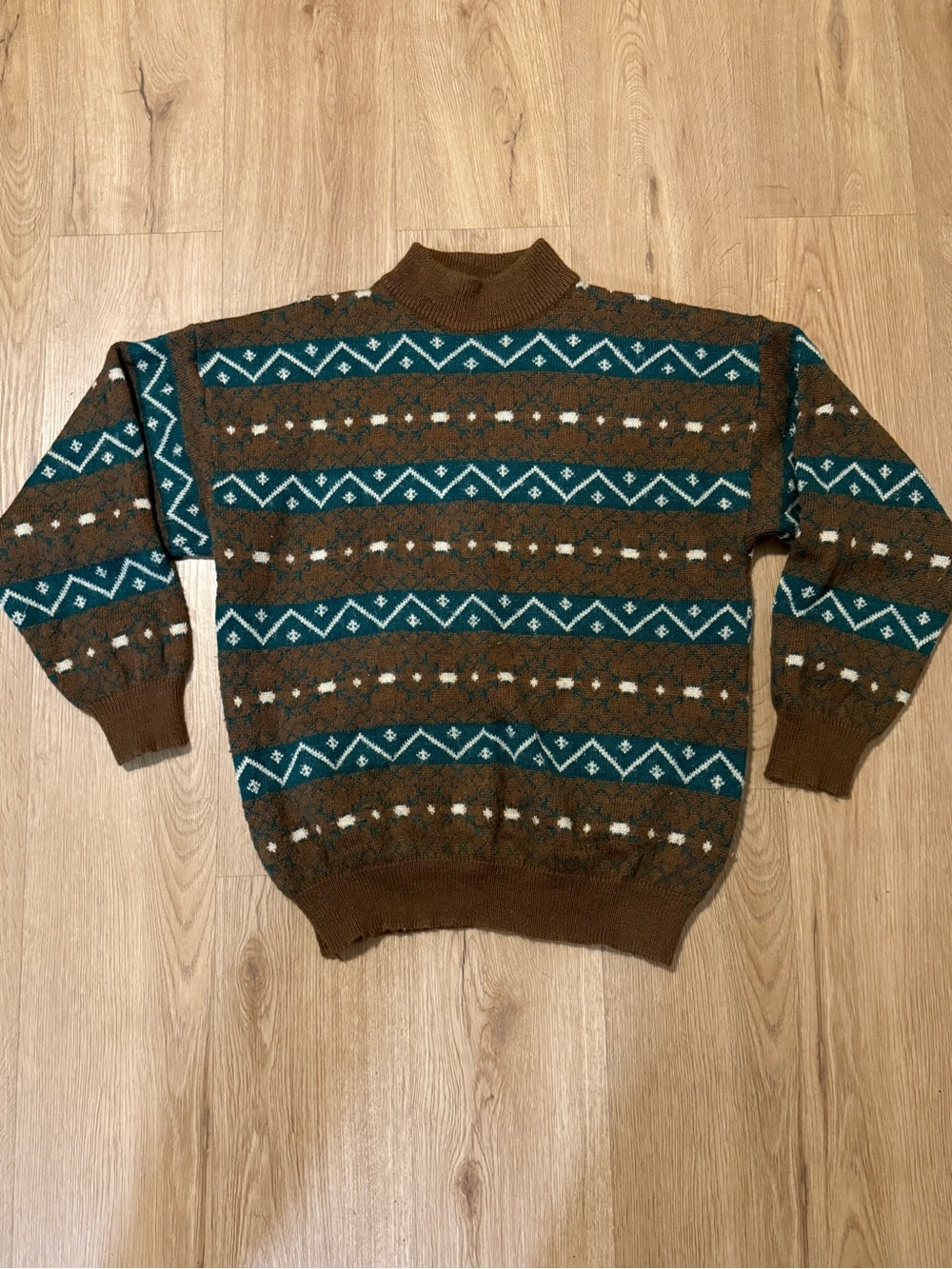 Vintage 1980’s Brown & Green Geometric Retro Mock Neck Sweater Men’s Medium - Picture 1 of 6